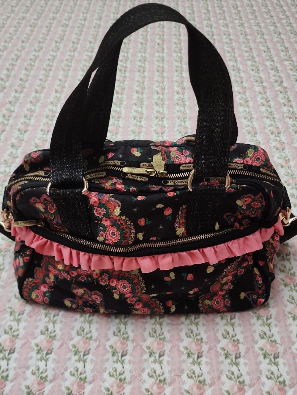 LeSportsac 💖 Manoush Black Pink Floral Multi-Pocket Crossbody 2way Shoulder Bag